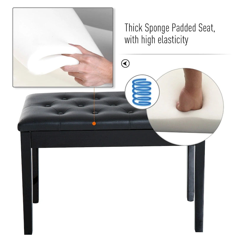 Faux Leather Padded 2-Person Duet Piano Bench with Storage, Black