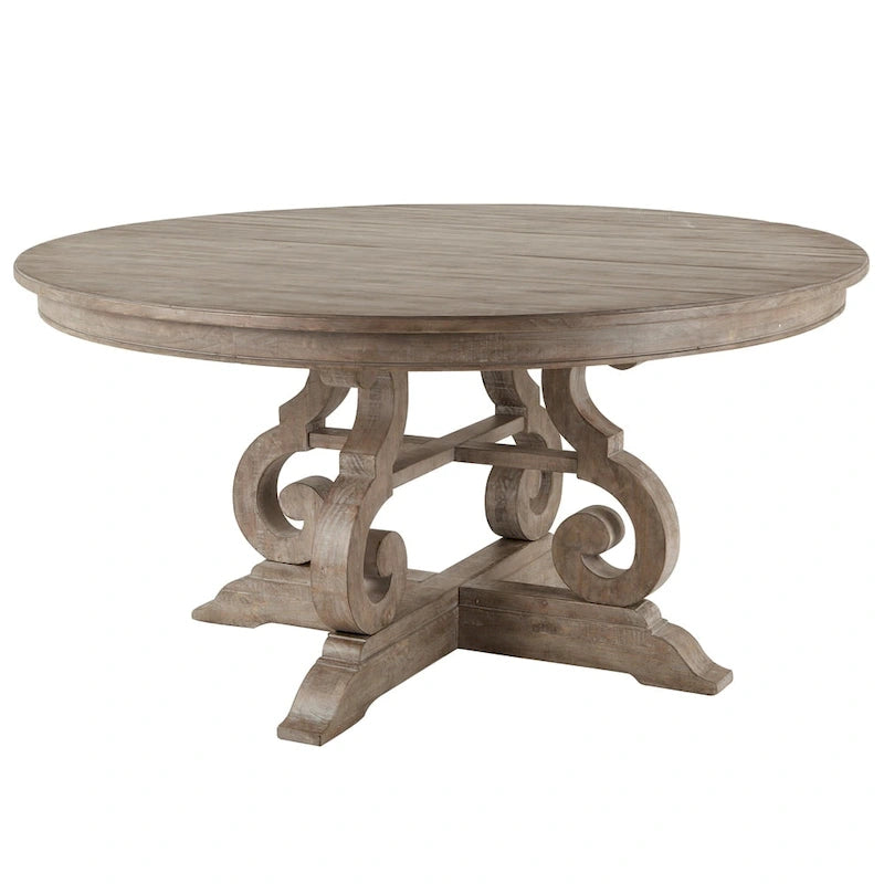 60-inch Round Solid Pine Dining Table, Weathered Grey Pedestal Base