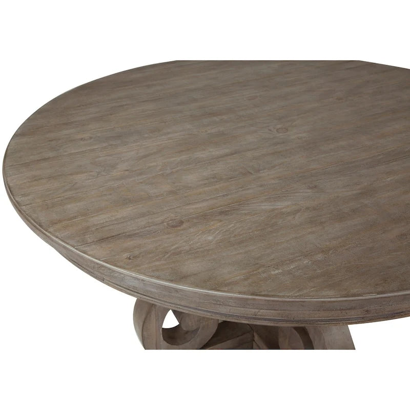 60-inch Round Solid Pine Dining Table, Weathered Grey Pedestal Base