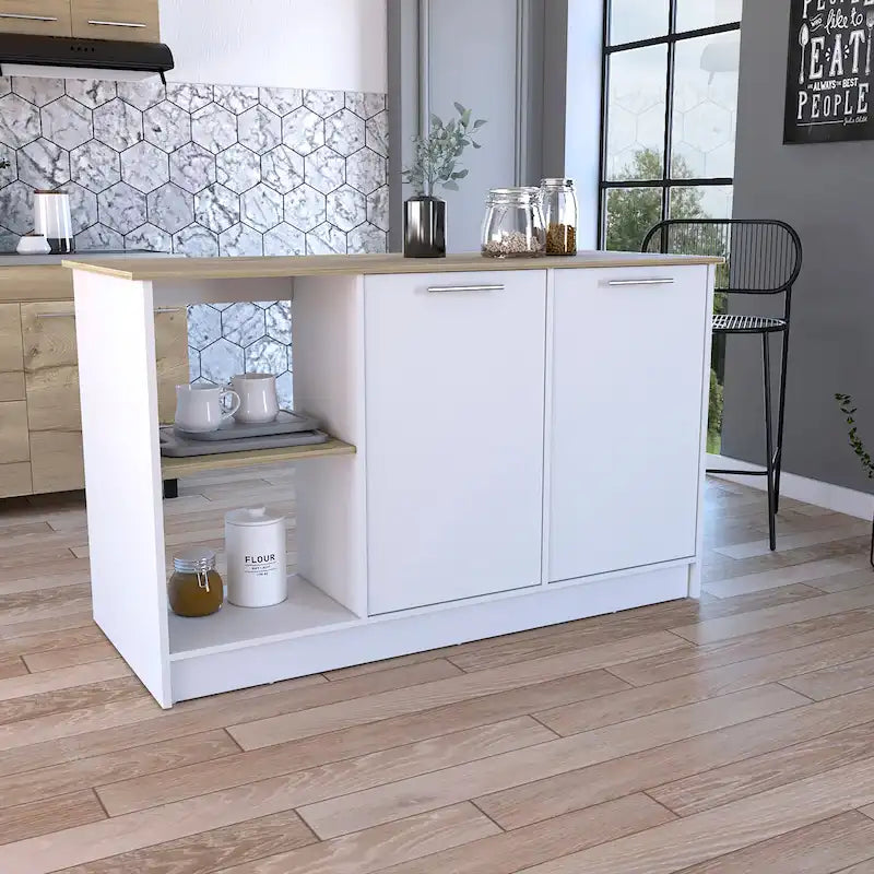 Kitchen Island with Large Top, Double Door Cabinet and Open Shelves