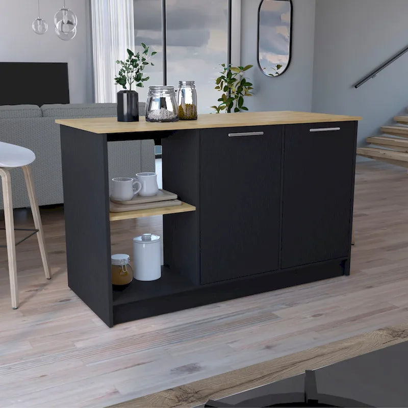 Kitchen Island with Large Top, Double Door Cabinet and Open Shelves