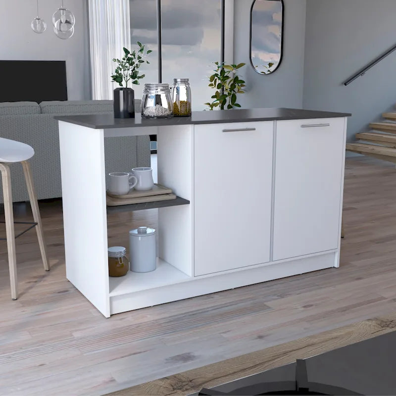 Kitchen Island with Large Top, Double Door Cabinet and Open Shelves