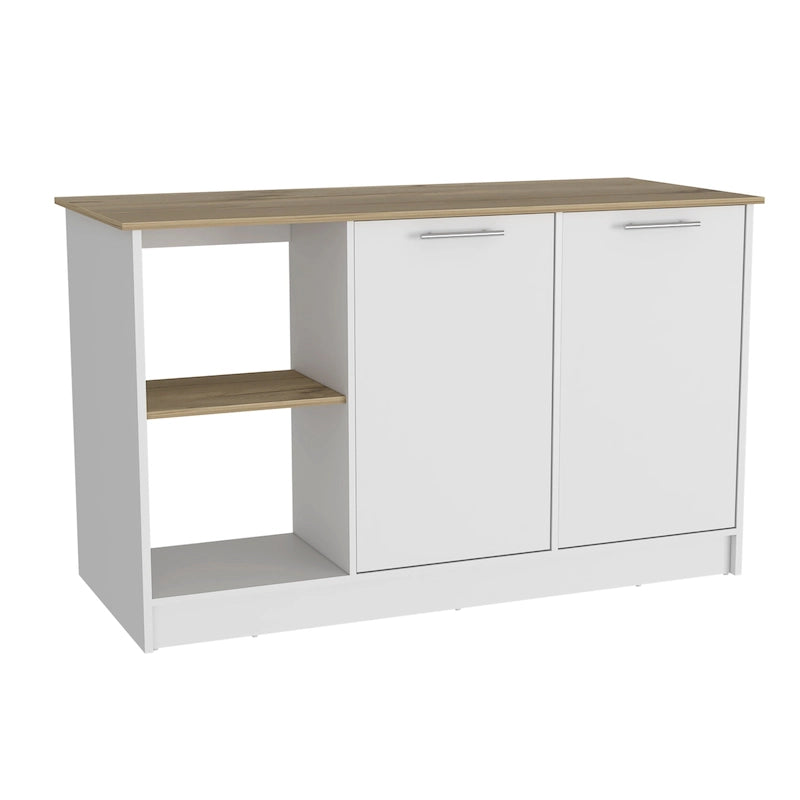 Kitchen Island with Large Top, Double Door Cabinet and Open Shelves