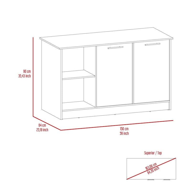 Kitchen Island with Large Top, Double Door Cabinet and Open Shelves