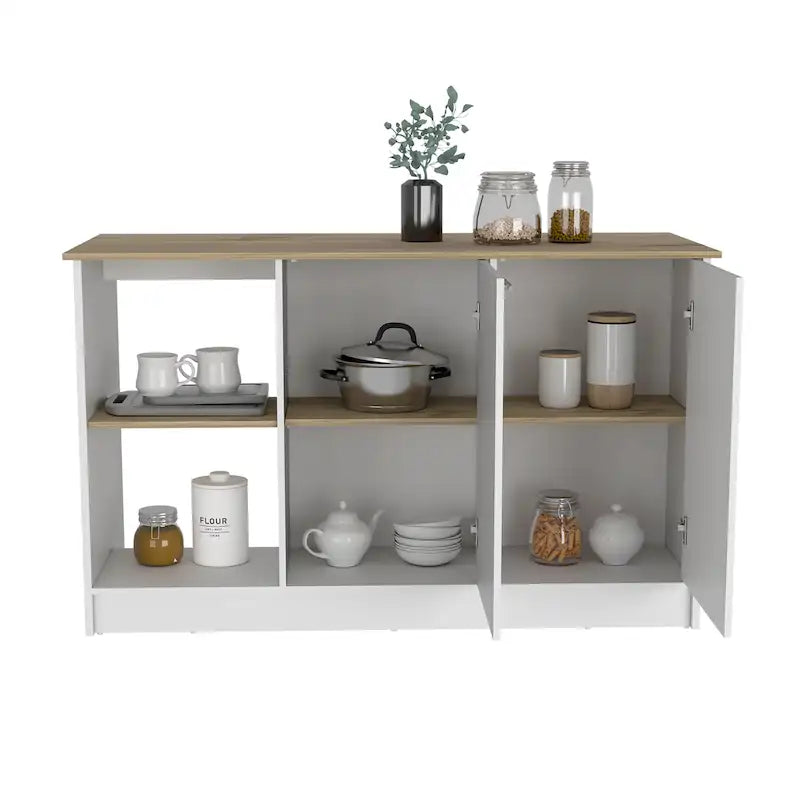Kitchen Island with Large Top, Double Door Cabinet and Open Shelves