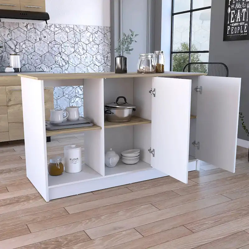 Kitchen Island with Large Top, Double Door Cabinet and Open Shelves