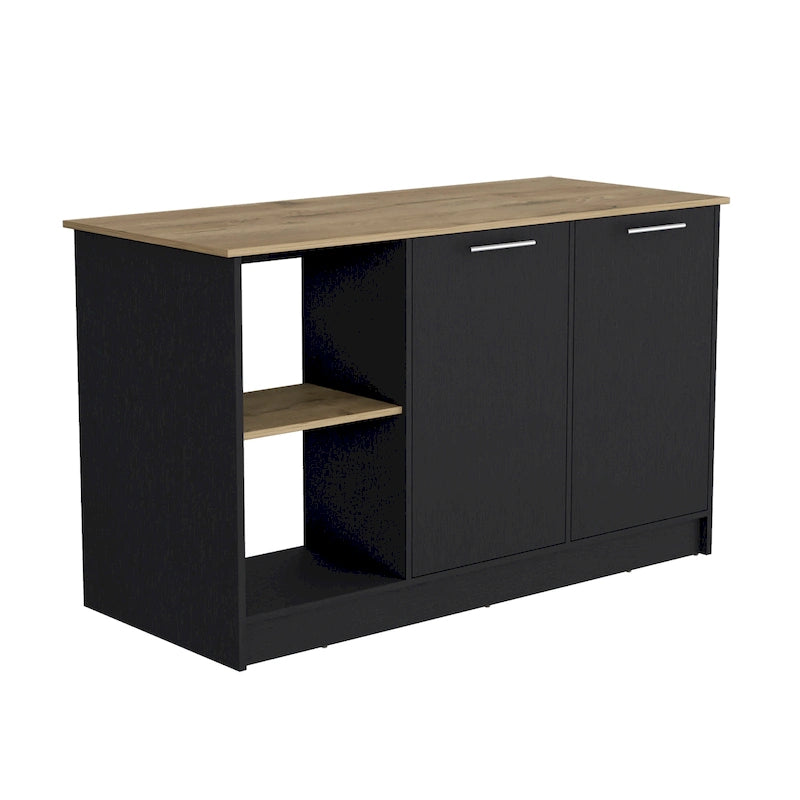 Kitchen Island with Large Top, Double Door Cabinet and Open Shelves