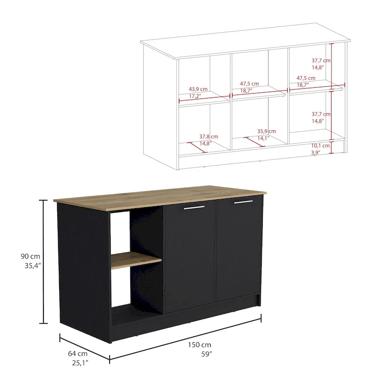 Kitchen Island with Large Top, Double Door Cabinet and Open Shelves