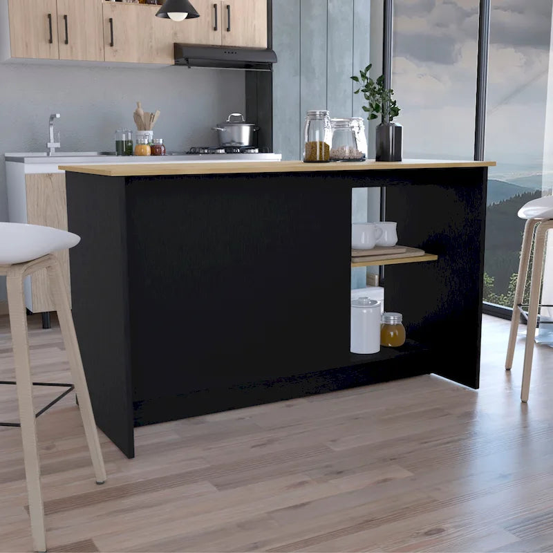 Kitchen Island with Large Top, Double Door Cabinet and Open Shelves