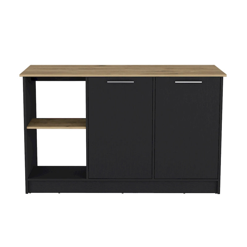 Kitchen Island with Large Top, Double Door Cabinet and Open Shelves