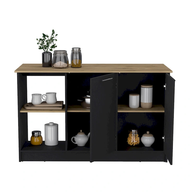 Kitchen Island with Large Top, Double Door Cabinet and Open Shelves