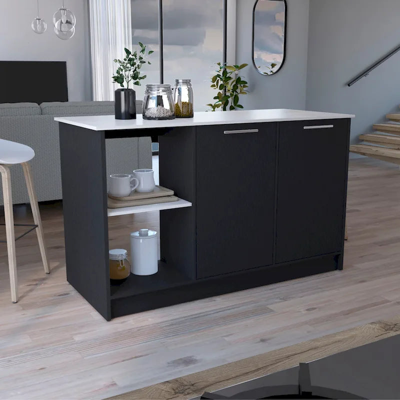 Kitchen Island with Large Top, Double Door Cabinet and Open Shelves