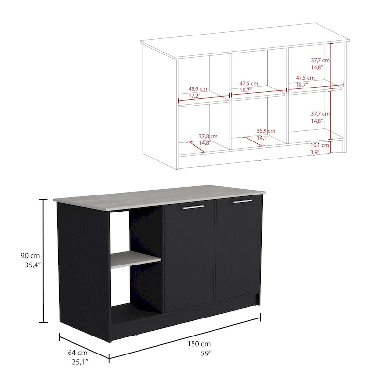 Kitchen Island with Large Top, Double Door Cabinet and Open Shelves