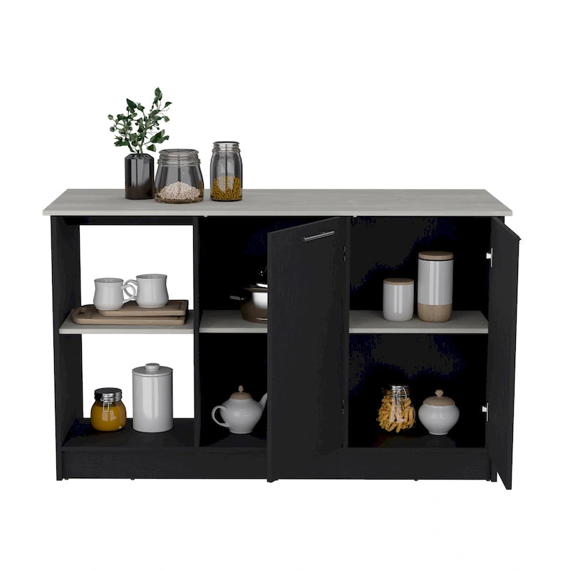 Kitchen Island with Large Top, Double Door Cabinet and Open Shelves