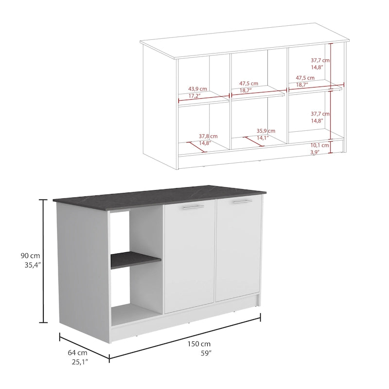 Kitchen Island with Large Top, Double Door Cabinet and Open Shelves
