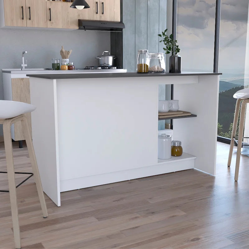 Kitchen Island with Large Top, Double Door Cabinet and Open Shelves
