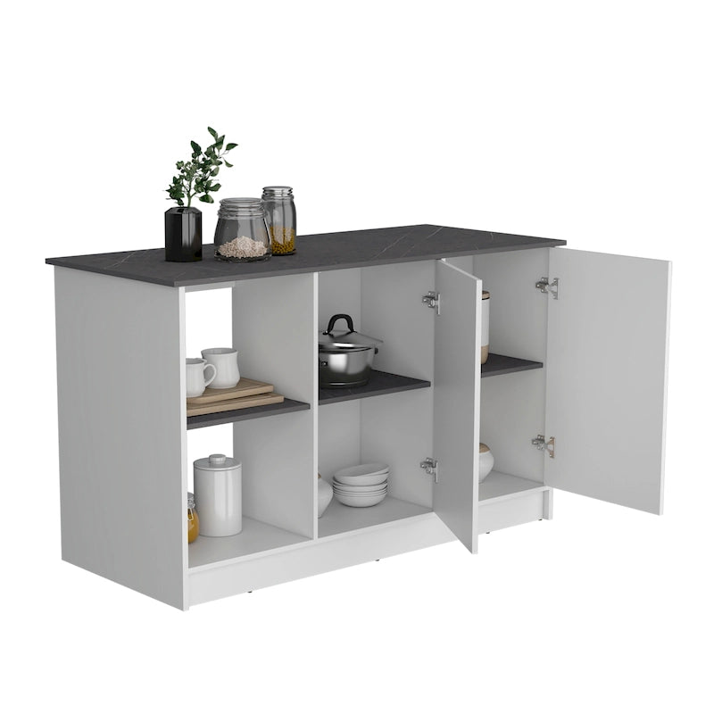 Kitchen Island with Large Top, Double Door Cabinet and Open Shelves