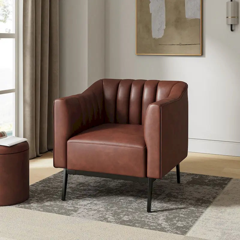 Industrial PU Leather Accent Chair with Channel Tufting and Metal Legs