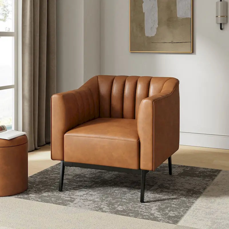 Industrial PU Leather Accent Chair with Channel Tufting and Metal Legs