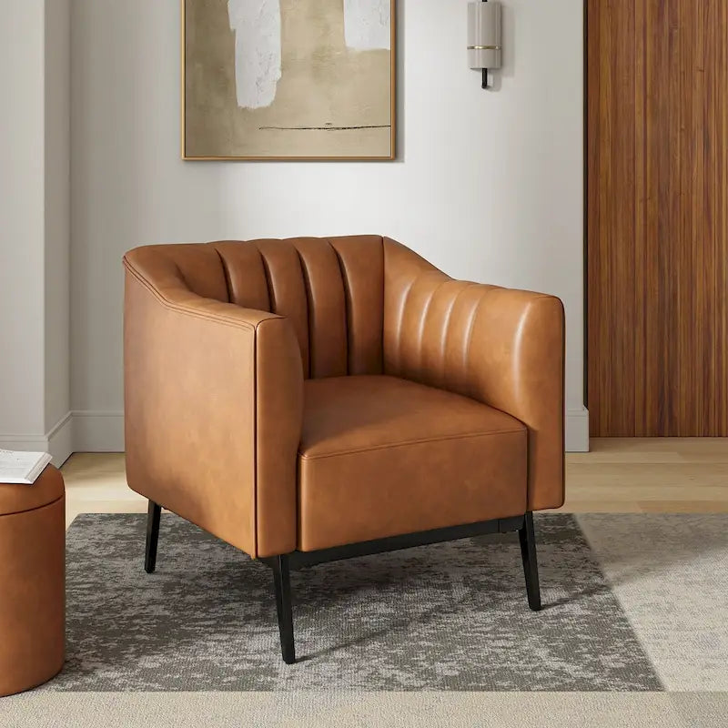 Industrial PU Leather Accent Chair with Channel Tufting and Metal Legs