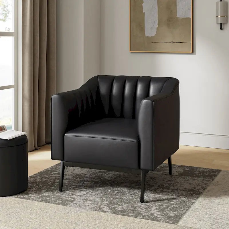 Industrial PU Leather Accent Chair with Channel Tufting and Metal Legs
