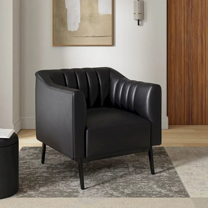 Industrial PU Leather Accent Chair with Channel Tufting and Metal Legs
