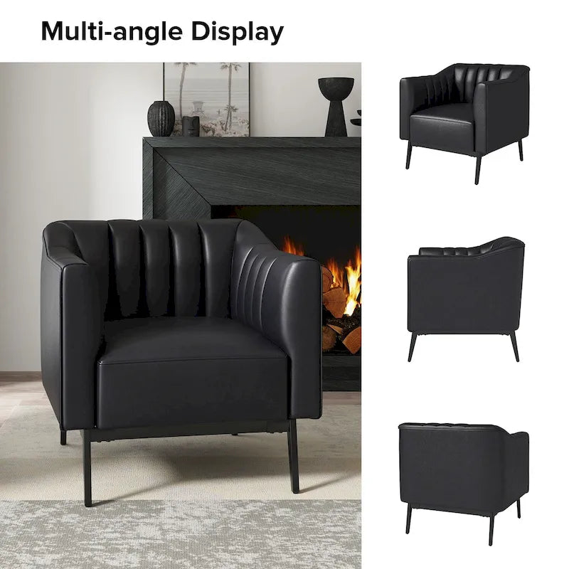 Industrial PU Leather Accent Chair with Channel Tufting and Metal Legs