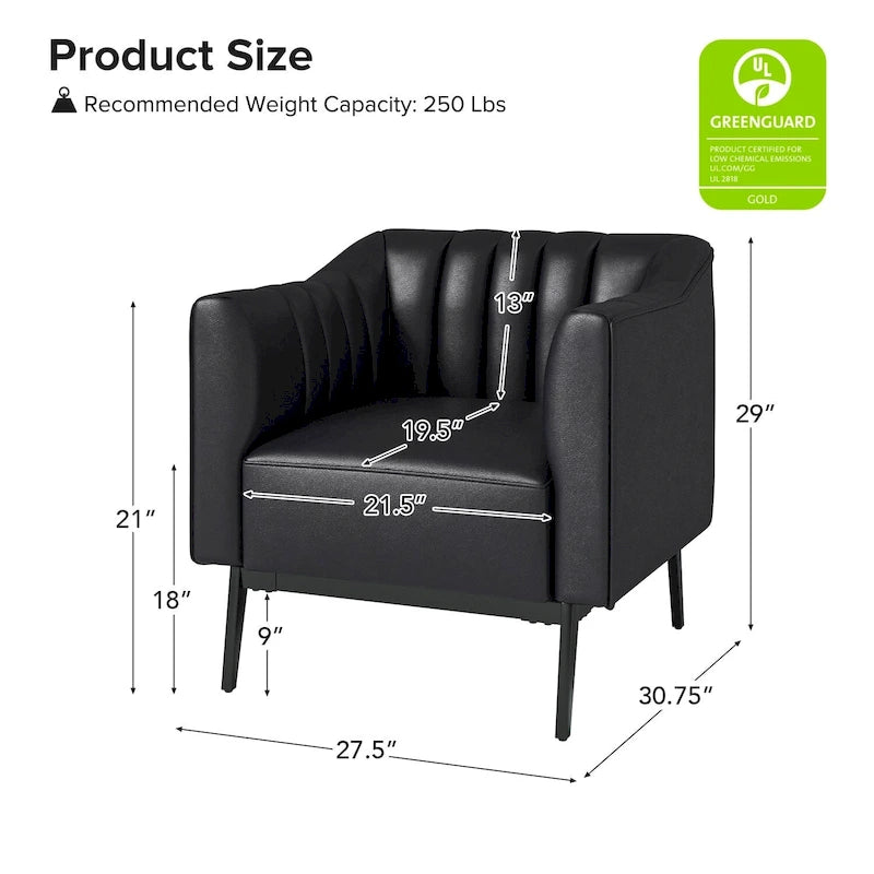 Industrial PU Leather Accent Chair with Channel Tufting and Metal Legs