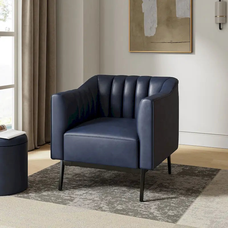 Industrial PU Leather Accent Chair with Channel Tufting and Metal Legs