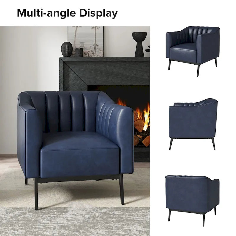Industrial PU Leather Accent Chair with Channel Tufting and Metal Legs