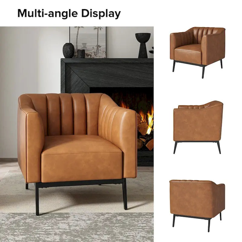 Industrial PU Leather Accent Chair with Channel Tufting and Metal Legs