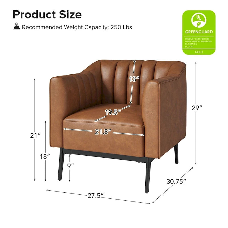 Industrial PU Leather Accent Chair with Channel Tufting and Metal Legs