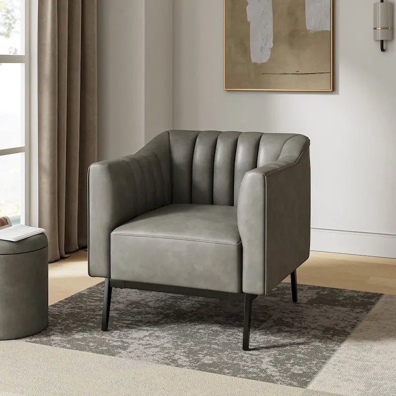 Industrial PU Leather Accent Chair with Channel Tufting and Metal Legs