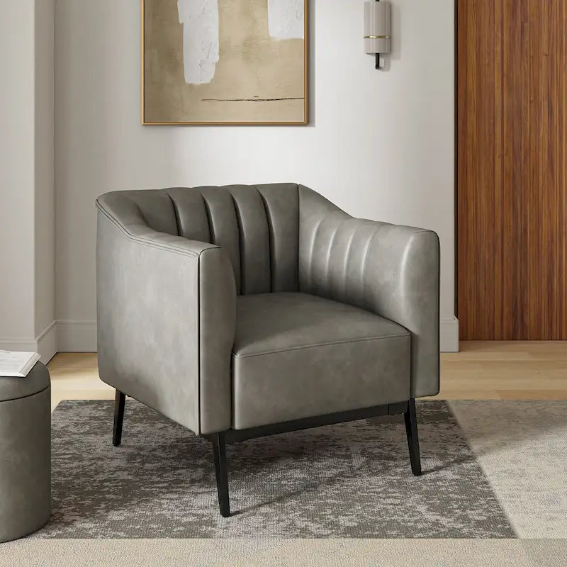 Industrial PU Leather Accent Chair with Channel Tufting and Metal Legs