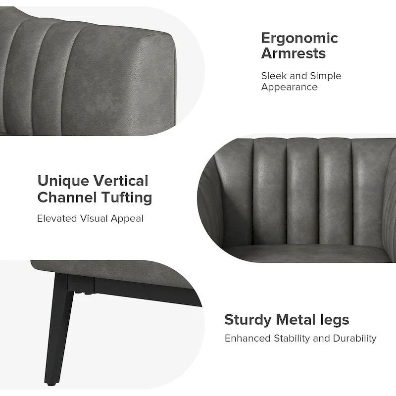 Industrial PU Leather Accent Chair with Channel Tufting and Metal Legs