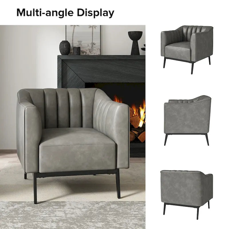 Industrial PU Leather Accent Chair with Channel Tufting and Metal Legs