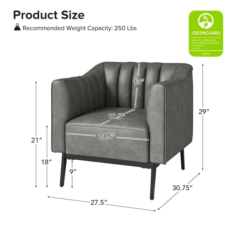Industrial PU Leather Accent Chair with Channel Tufting and Metal Legs