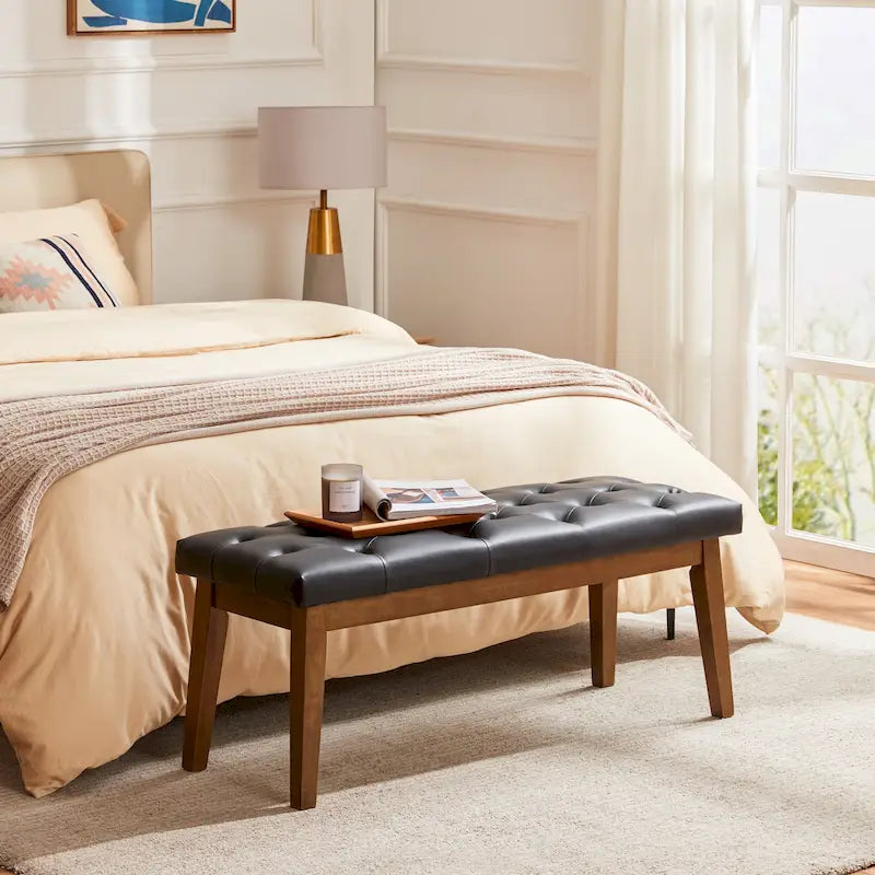 Button-Tufted End-of-Bed Bench, 44-inch Linen or PU Leather