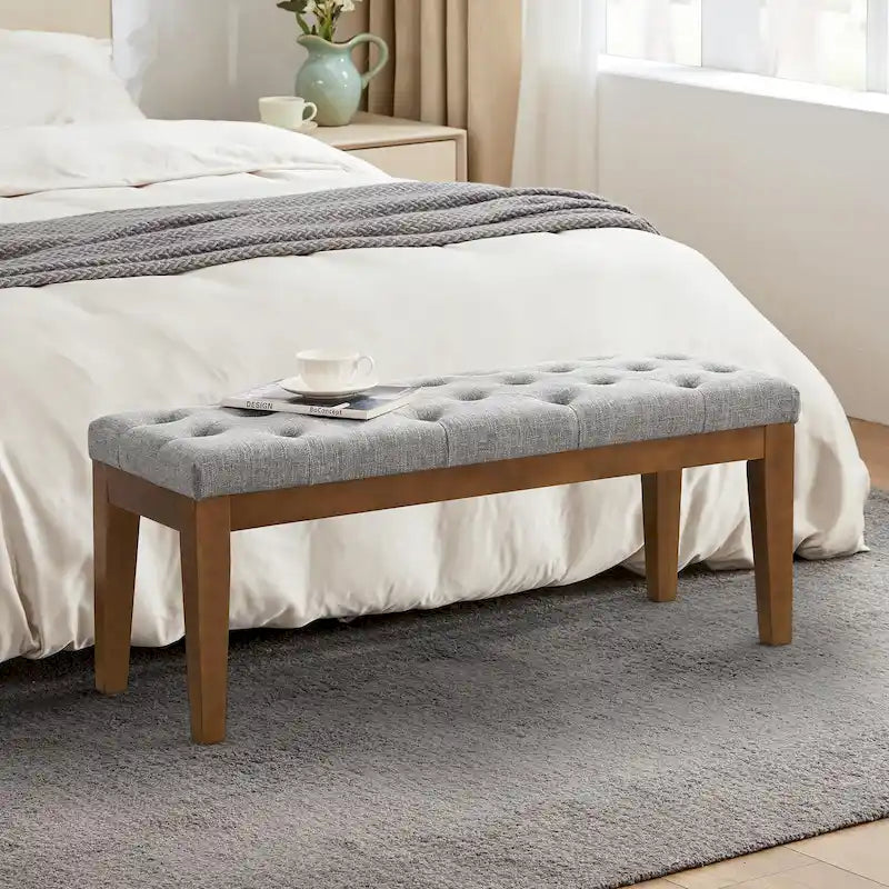 Button-Tufted End-of-Bed Bench, 44-inch Linen or PU Leather