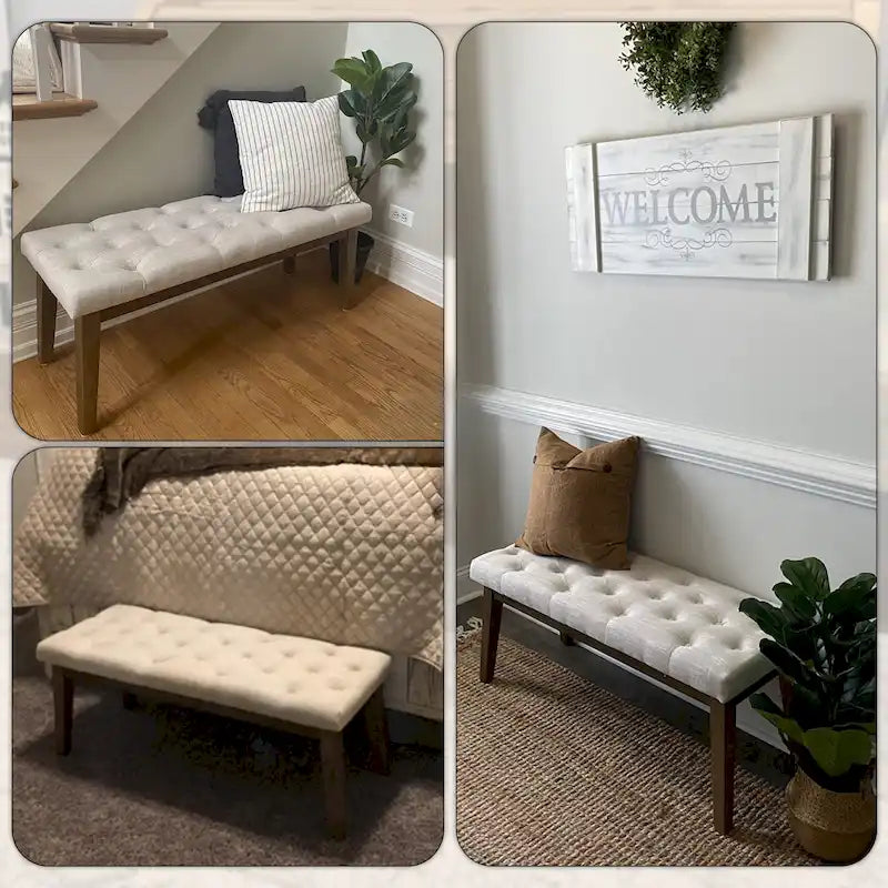 Button-Tufted End-of-Bed Bench, 44-inch Linen or PU Leather