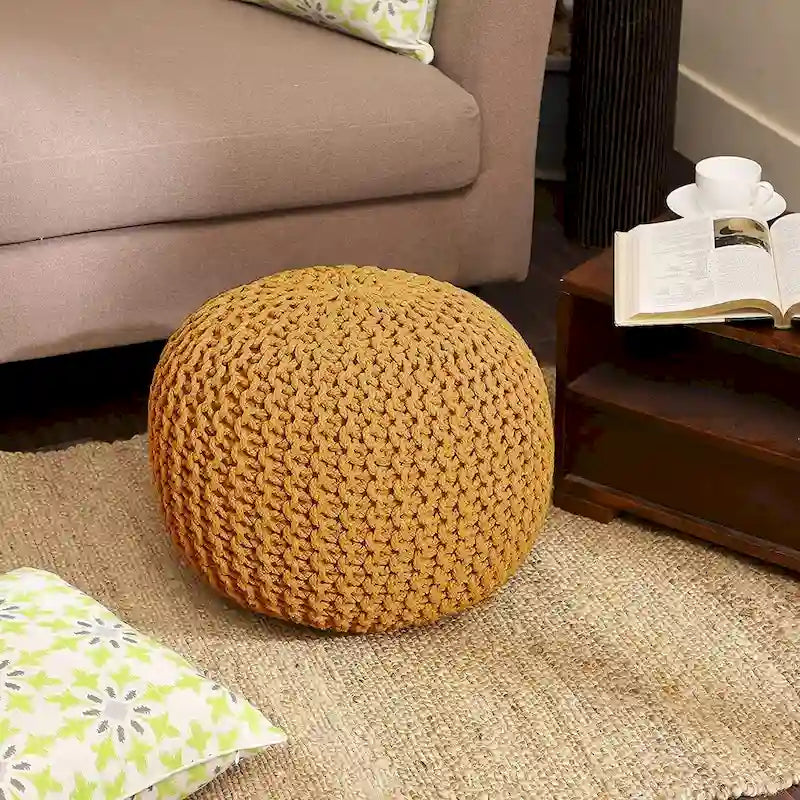 Hand-Knitted Cotton Braided Pouf Ottoman Foot Stool, 18x18x14