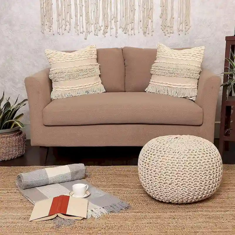 Hand-Knitted Cotton Braided Pouf Ottoman Foot Stool, 18x18x14