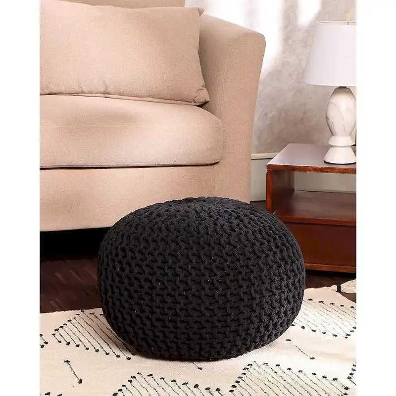 Hand-Knitted Cotton Braided Pouf Ottoman Foot Stool, 18x18x14