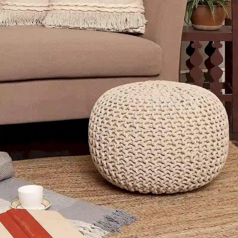 Hand-Knitted Cotton Braided Pouf Ottoman Foot Stool, 18x18x14