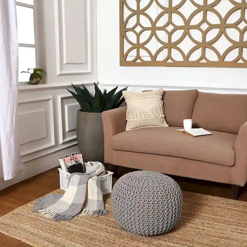Hand-Knitted Cotton Braided Pouf Ottoman Foot Stool, 18x18x14