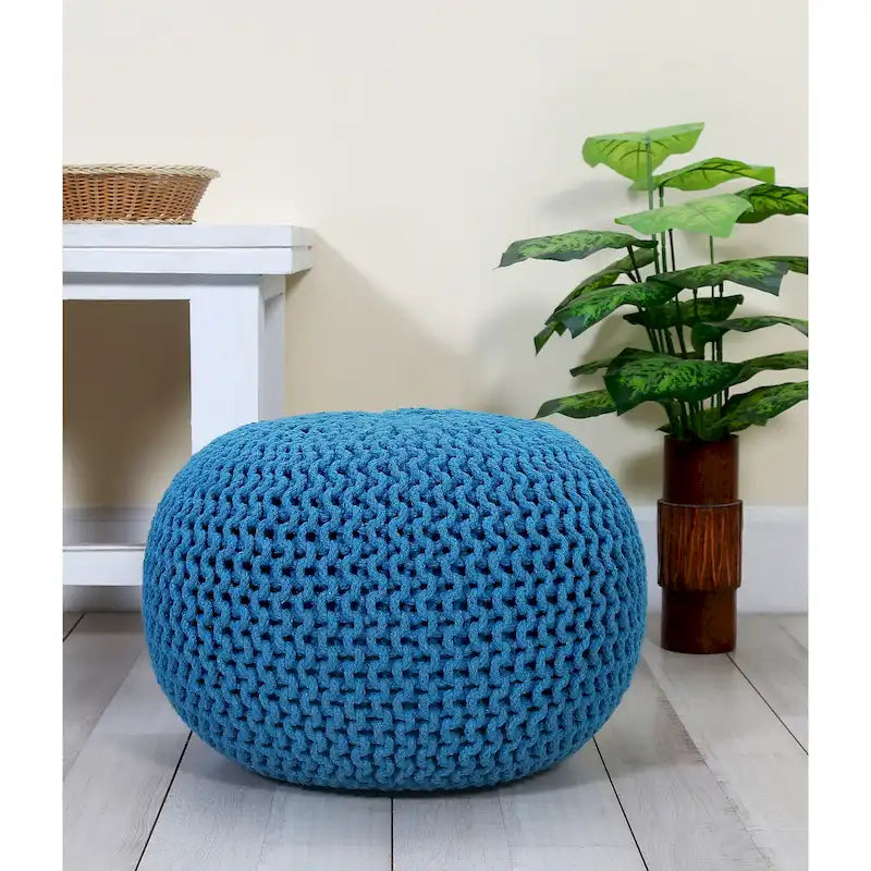 Hand-Knitted Cotton Braided Pouf Ottoman Foot Stool, 18x18x14
