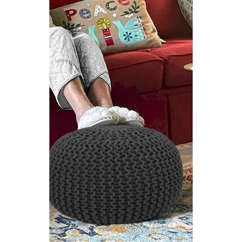 Hand-Knitted Cotton Braided Pouf Ottoman Foot Stool, 18x18x14