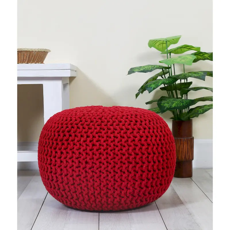 Hand-Knitted Cotton Braided Pouf Ottoman Foot Stool, 18x18x14