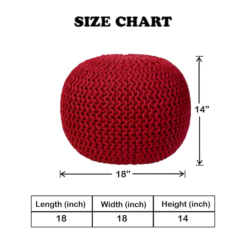Hand-Knitted Cotton Braided Pouf Ottoman Foot Stool, 18x18x14