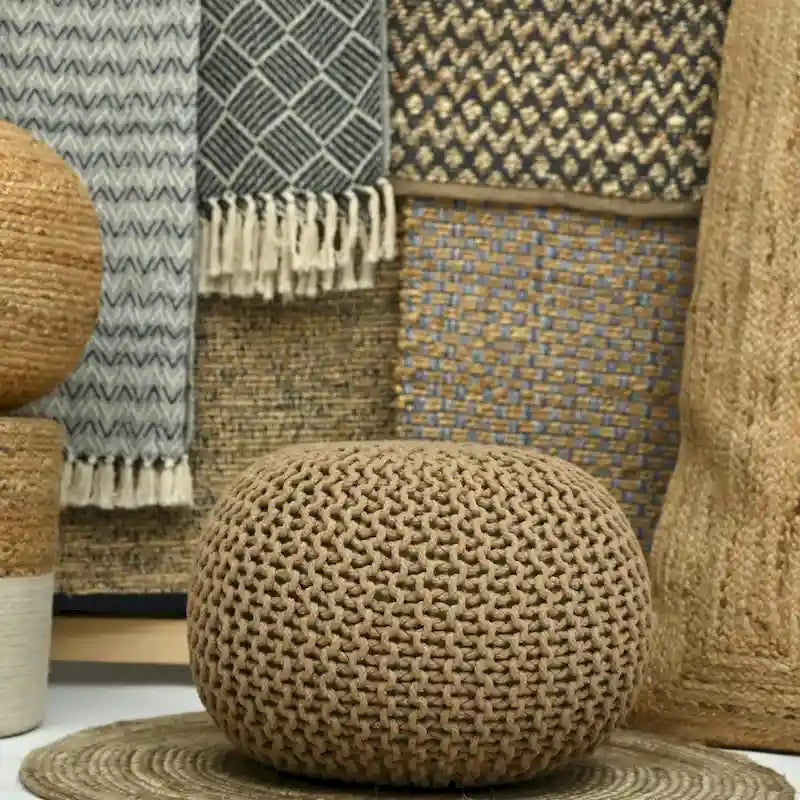 Hand-Knitted Cotton Braided Pouf Ottoman Foot Stool, 18x18x14